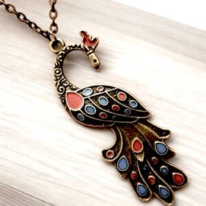 Peacock Bronze Alloy, Red, & Blue Necklace With Lobster Clasp